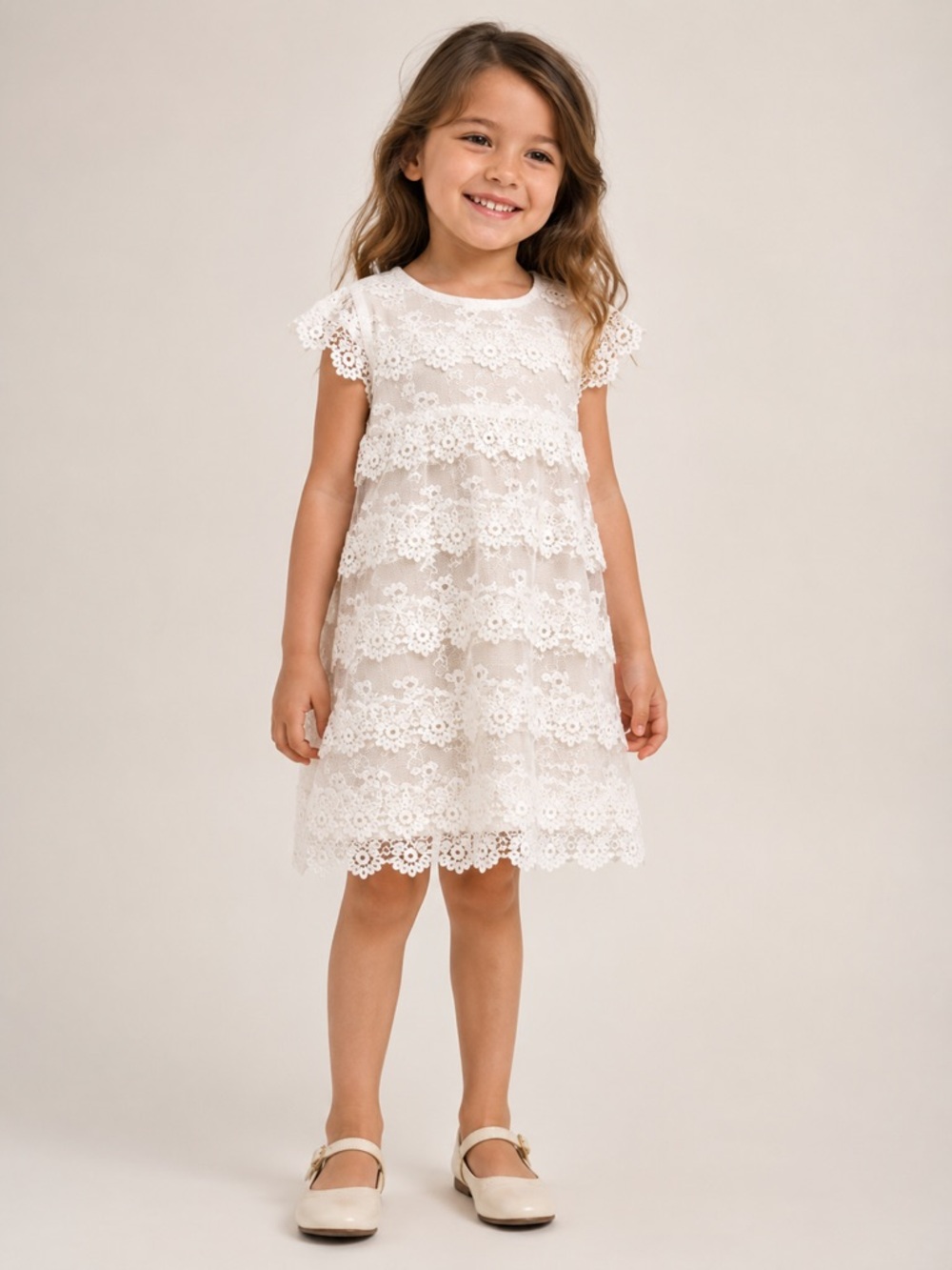 MAYORAL Girls' White Cream Ivory Crochet Lace Tiered Dress 5 Spain